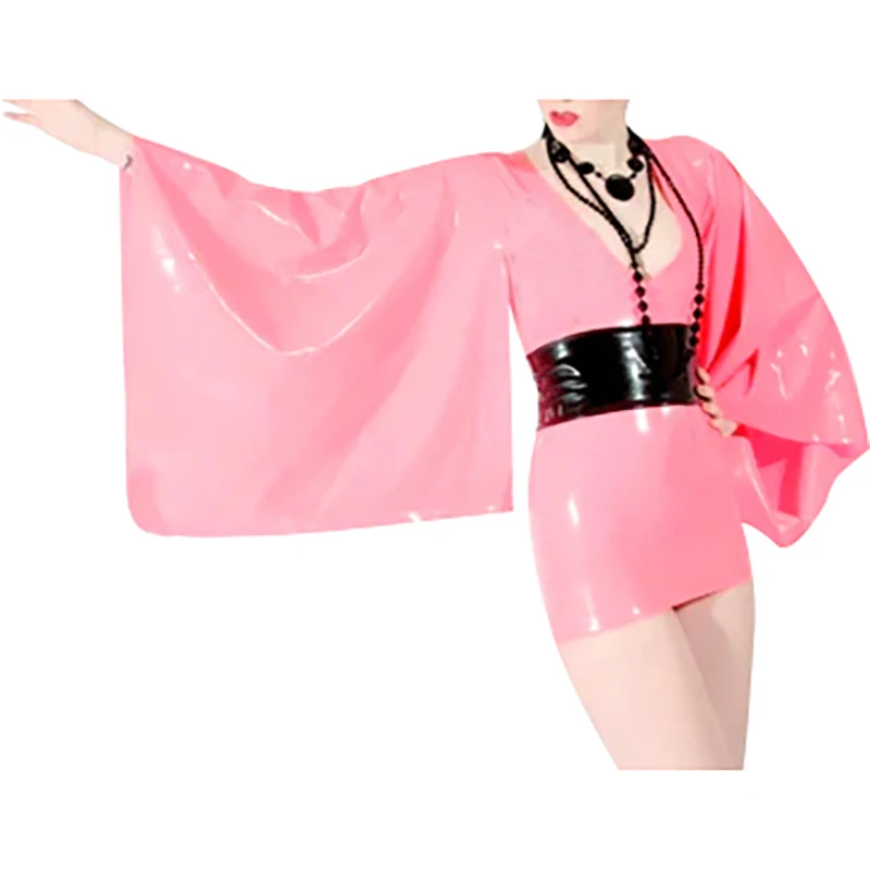 

Розовое и черное сексуальное латексное платье с длинными рукавами-кимоно с поясом на молнии резиновый облегающий костюм