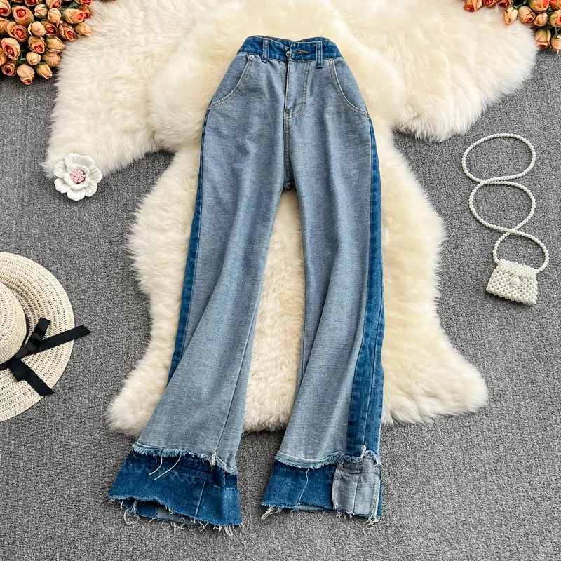 

2022 Spring New Tassel Color Matching High Waist Jeans Women's Fashion Loose Vertical Feeling Floor Mopping Pants