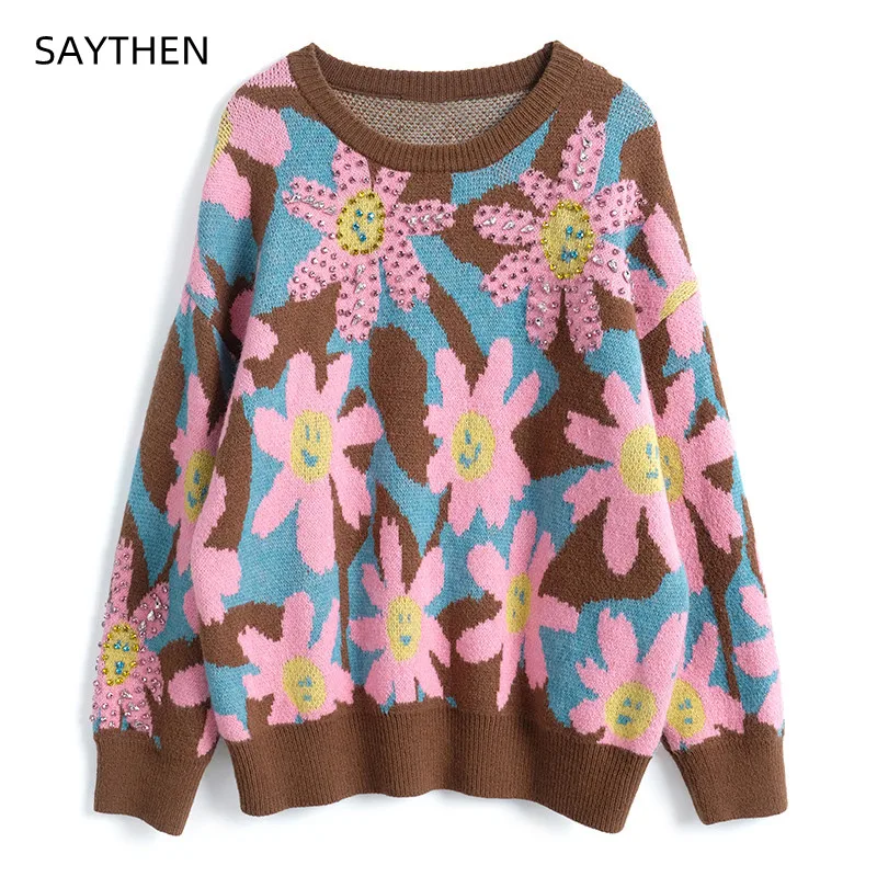 

SAYTHEN 2022 Female Autumn Winter Japan Style Beading Tound Neck Flower Jacquard Inlaid Diamond Sweet Lovely Knitwear Sweater