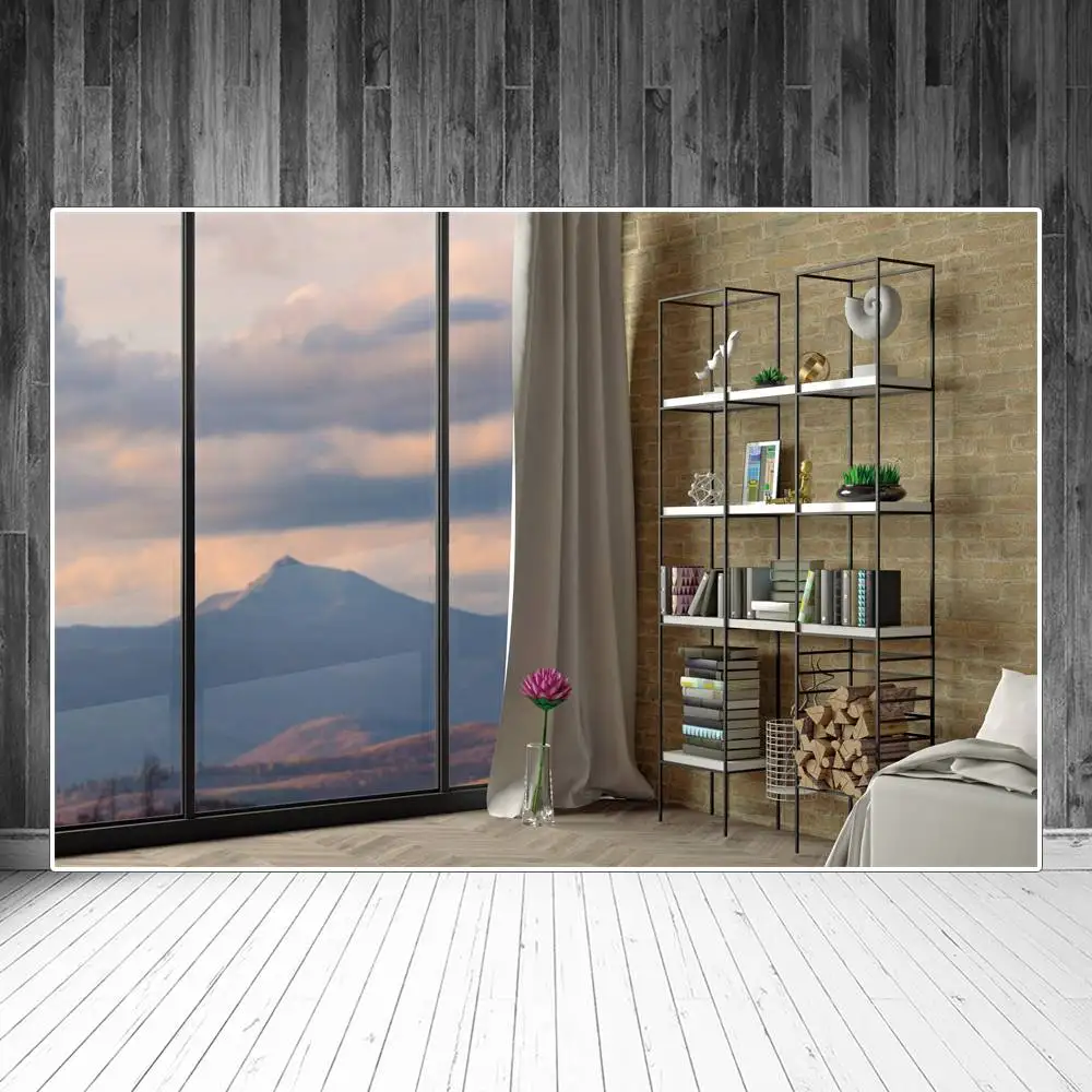 Фон для фотосъемки в помещении с изображением горного пейзажа и французского окна