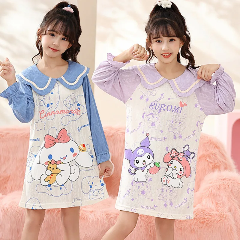 

Пижама для девочек Kawaii Sanrioed Kuromi Cinnamoroll детская хлопковая одежда для сна Осенняя ночная рубашка с длинным рукавом аниме мультфильм домашняя одежда