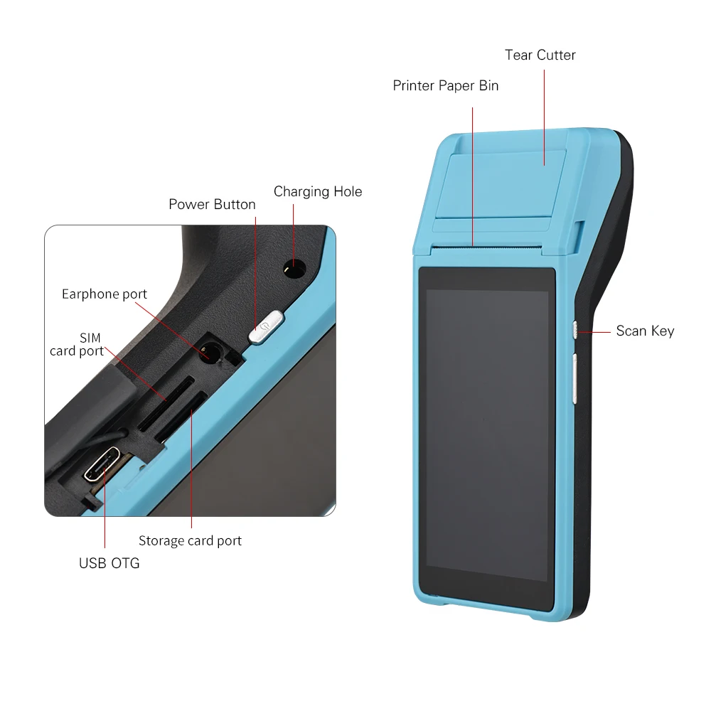 New Handheld PDA Printer Smart POS Terminal Wireless Portable Printers Intelligent Payment Terminal Function BT/ WiFi/ USB OTG