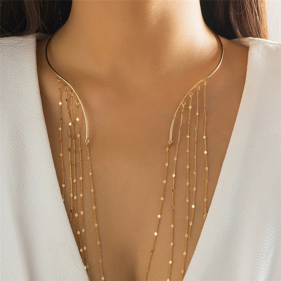 Sexy Goth Long Tassel Star Crystal Sequin Pendant Open Torques Choker Necklace for Women Vintage Chest Chain Wed Accessories New