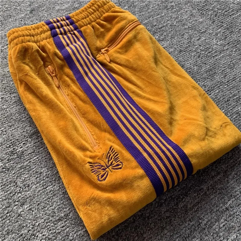 Butterfly embroidery velvet track sweatpants men women oversized striped pants casual sports pants