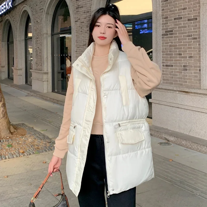 

Women's Autumn Winter Stand Collar Warm Cotton Vest Jacket Solid Sleeveless Parkas Ladies Zipper Loose Waistcoat