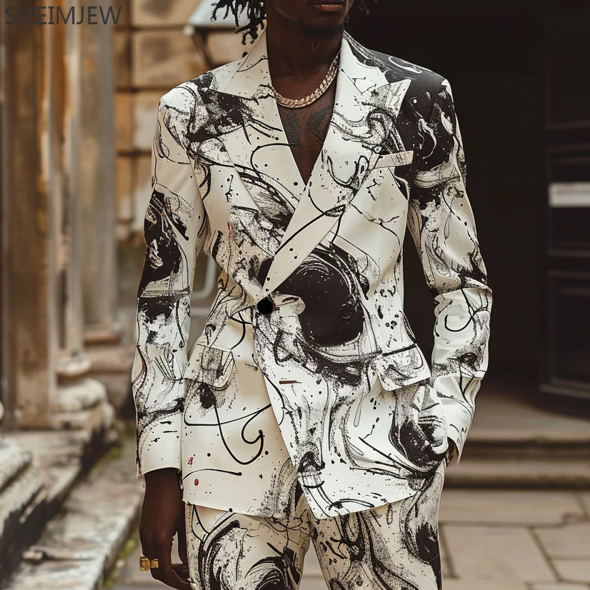 British Men's Suit Jackets And Trousers Men's Colorful Painted Suits Emcee Stage Handsome Performance Clothing Wedding Suits New