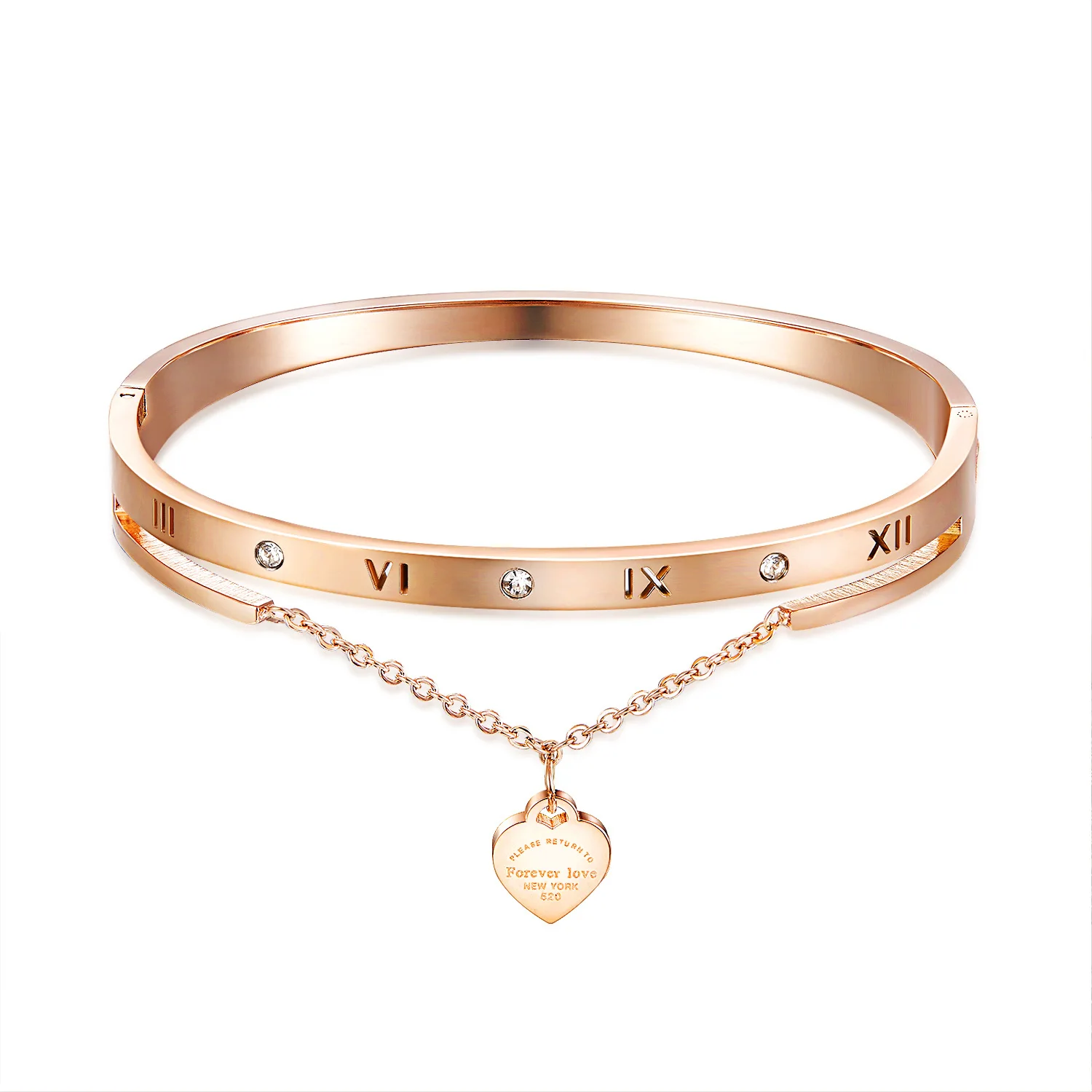

New fashion jewellery peach heart hand jewellery titanium steel plated rose gold ladies Roman numerals with diamonds bracelet