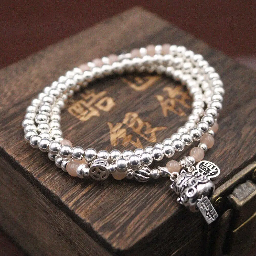 

Real 925 Sterling Silver 4mm Silver Beads Cat Charm Three-Loop Bracelet 6.3"L