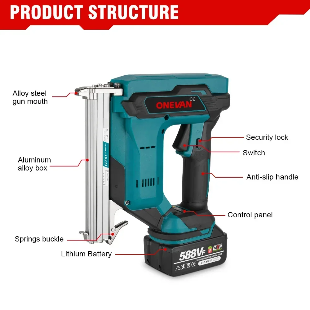 Cordless 2Gear Brushless Electric Nail Gun 1022J U Stapler Nailer With 1 Set Nails Wookworking Power Tool For Makita 18V Battery 3