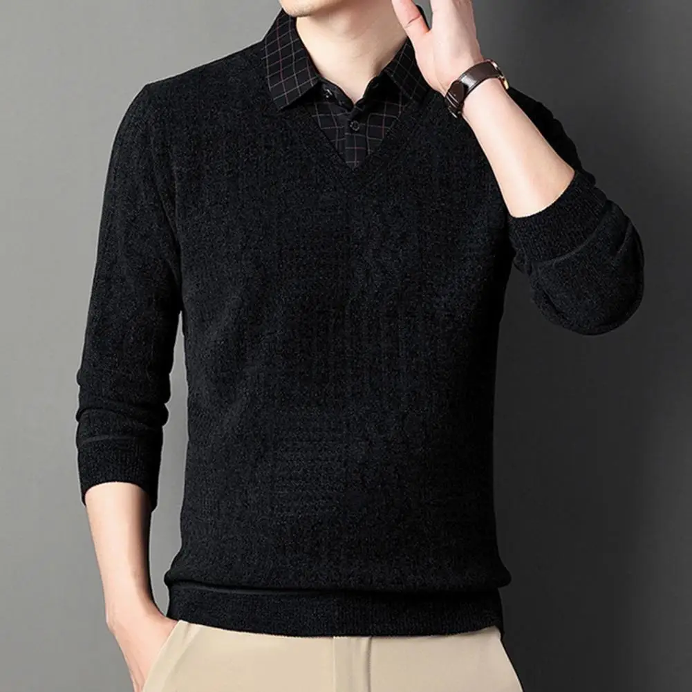 

Men Shirt Mid-aged Men's Plush Warm Sweater with Fake Two-piece Design Button Detail for Fall Winter Season Men Sweater