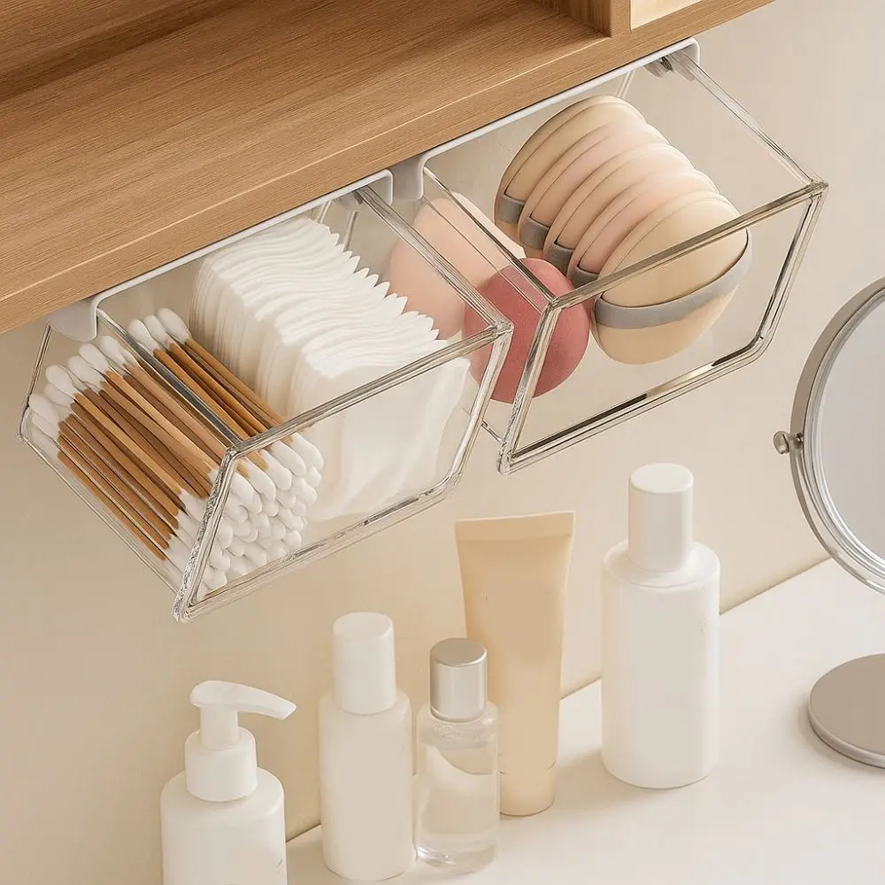 Plastic Drawer Style Storage Box Self Adhesive Large Capacity Under Desk Drawer Organizer Space Saving Transparent