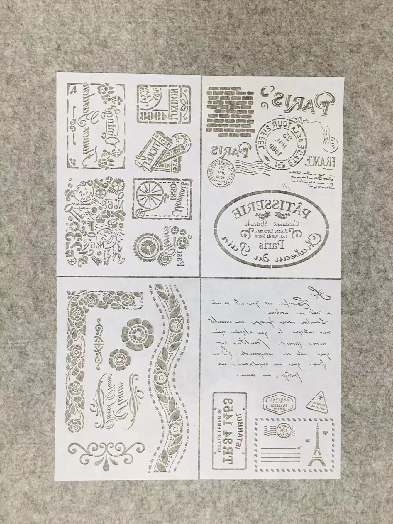 4 개/몫 A4 파리 우표 DIY 레이어링 스텐실 벽화 스크랩북 색칠 엠보싱 앨범 장식 템플릿