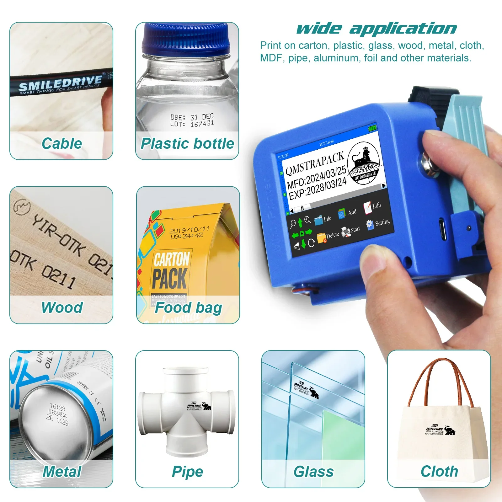 미니 핸드헬드 잉크젯 프린터, QR 바코드 배치 날짜 번호 로고 만료 날짜 미니 프린터용, 빠른 건조 잉크 포함, 2.8 인치, 12.7mm