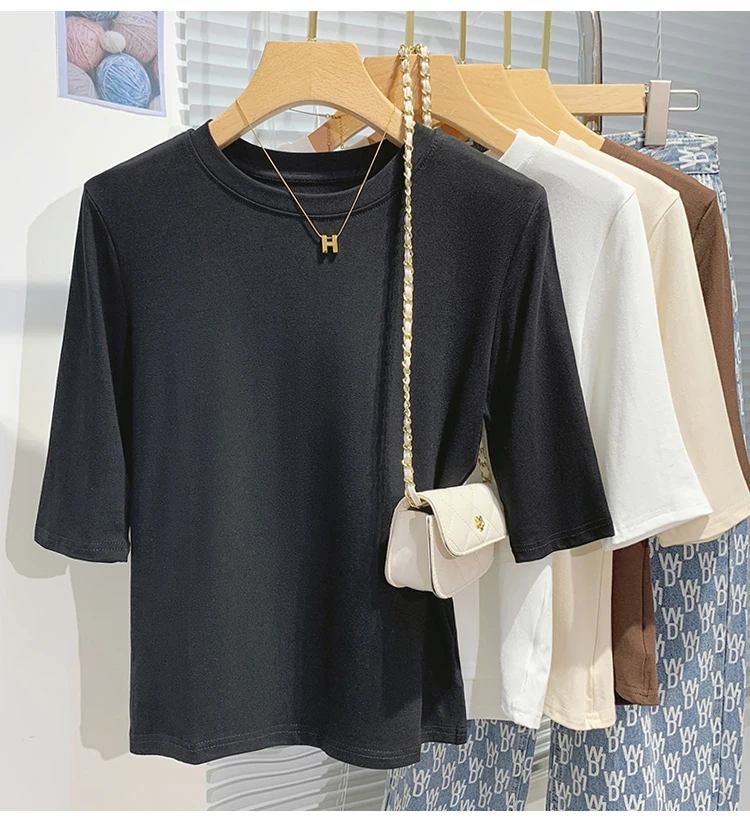 Cotton Womens Crew Neck T-Shirt - Summer Short Sleeve Basic Top