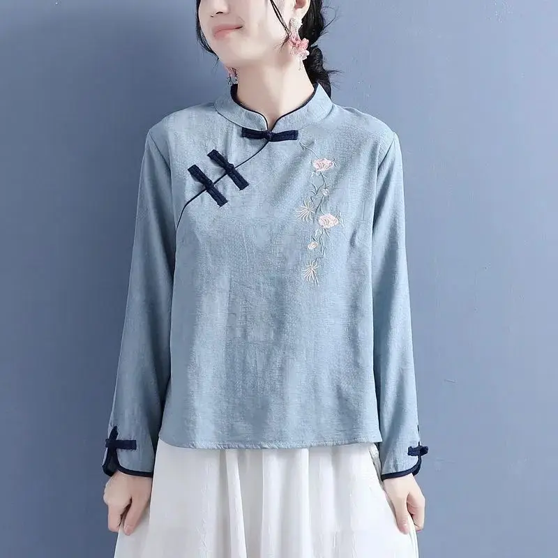 Vintage Embroidery Shirts Women Long Sleeves Casual Tops Chinese Style Button Linen Top Traditional Women's Wear Tea Clothing