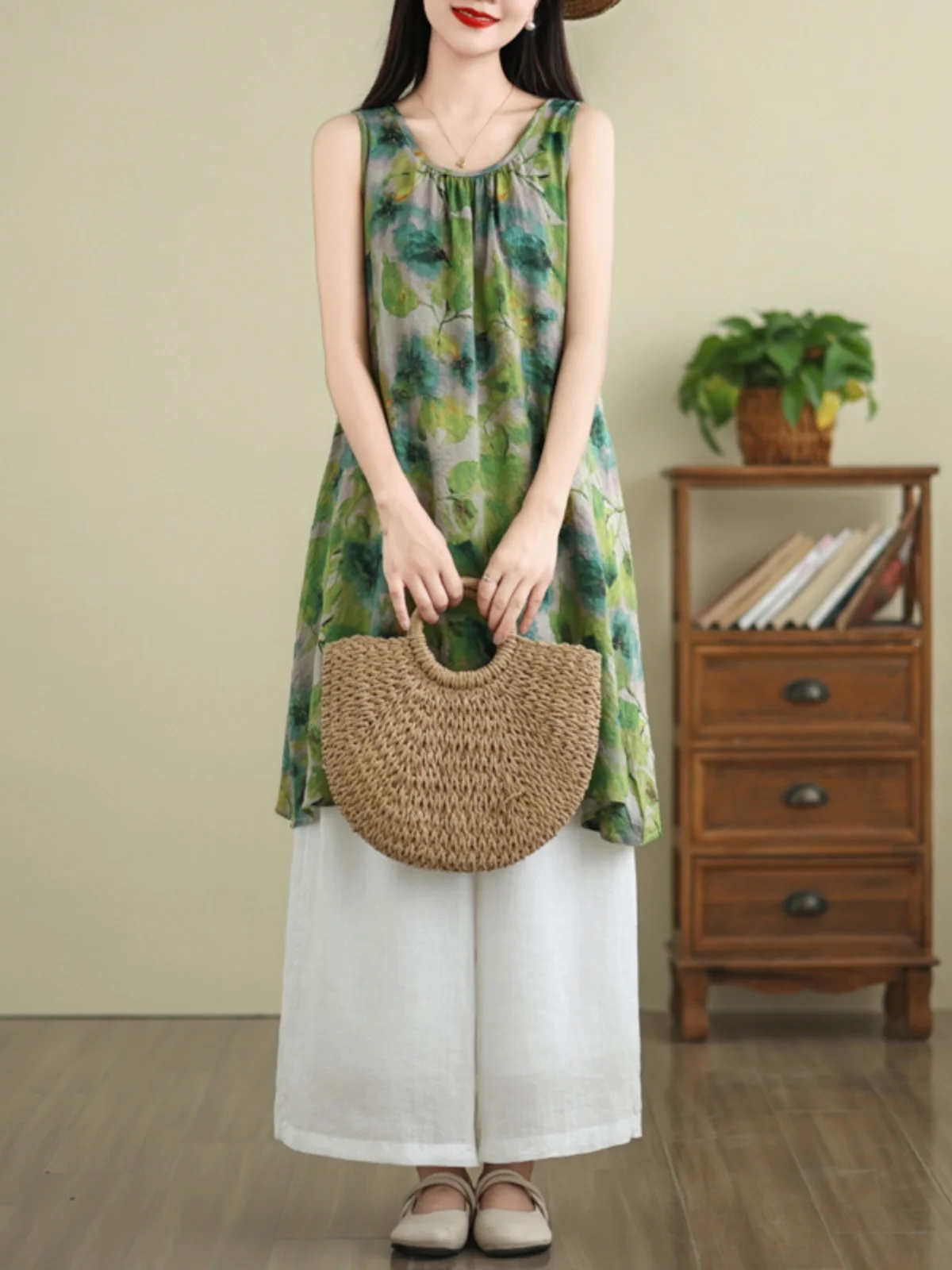 Loose Cotton Linen Printed Summer Dr Women's plus Size round Ne Svel Vest Dr Midi Skirt Sle Vintage Faion