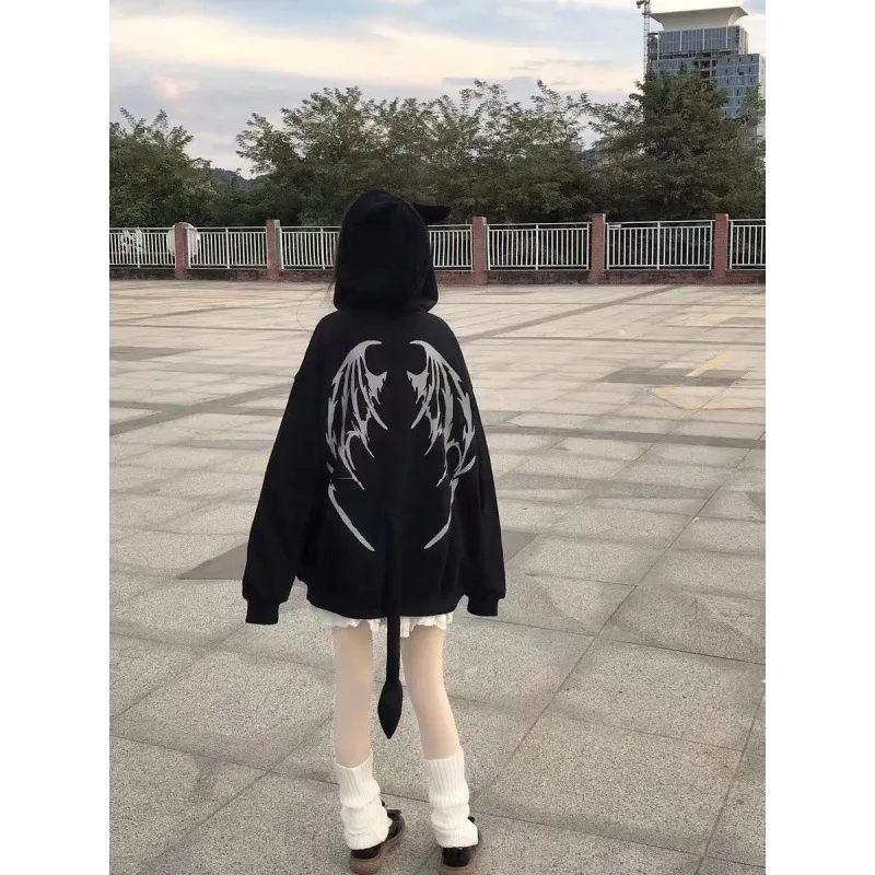 

2023 Autumn Pullovers Gothic Harajuku Zip Up Hoodies Women Goth Tops Japanese Streetwear Kawaii Hooded Sweatshirt Y2k
