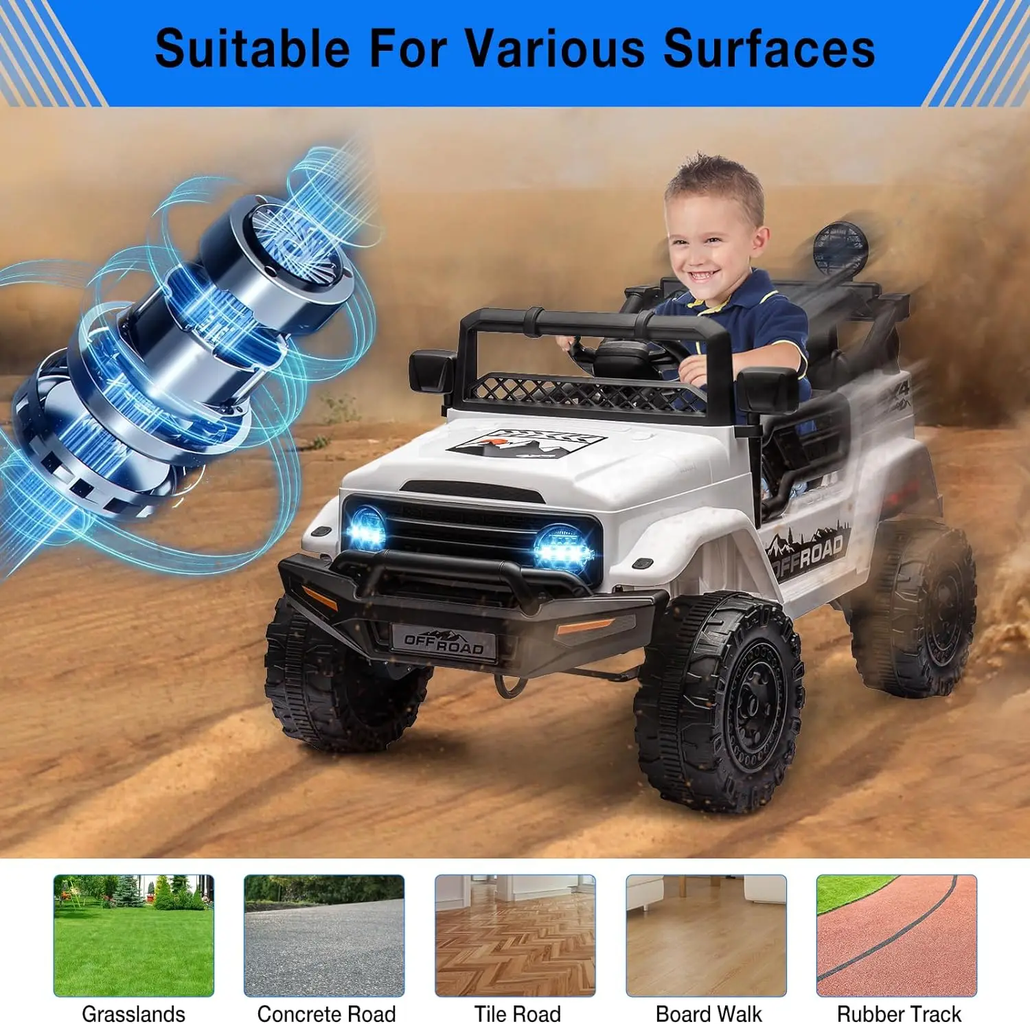 Electric Car For Kids, 12V Ride On Truck Car with Remote Control Spring Suspension, LED Lights, Music, 3 Speeds, Vehicle Toy