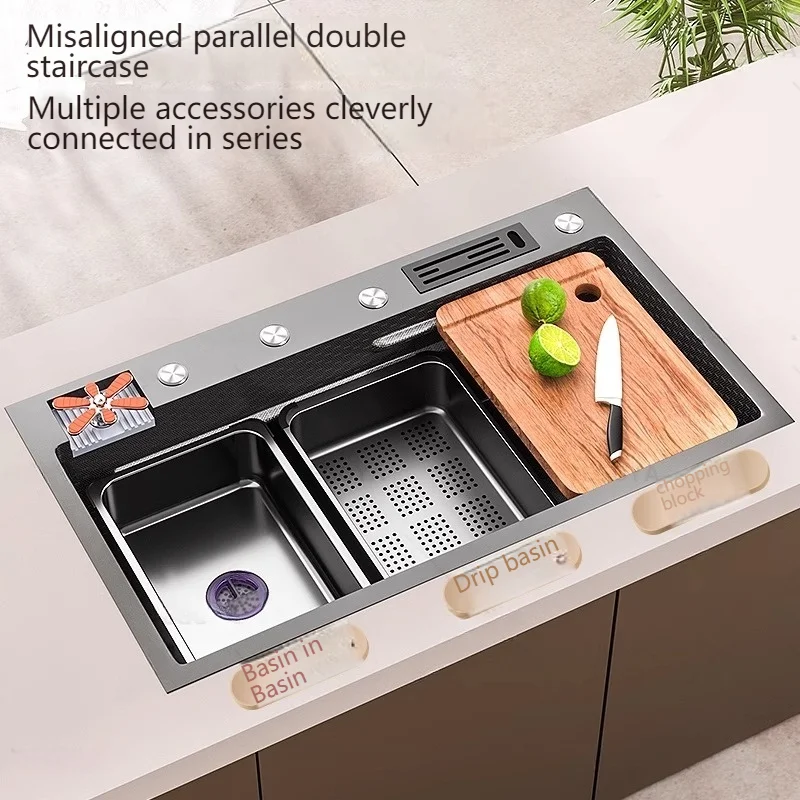 Stainless Steel Kitchen Sink With Cup Washer Embossed large Single Slot Thickened Household Multifunctional Sinks Drain Left