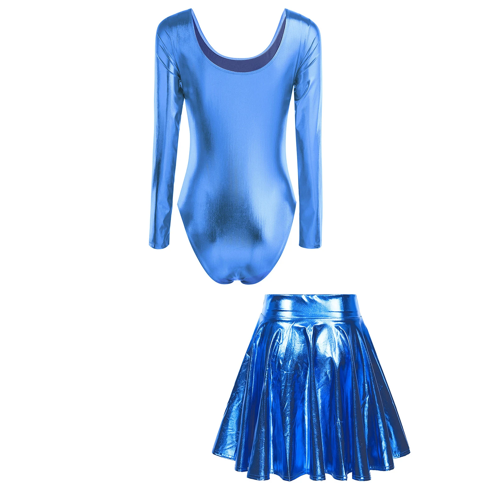 Damen glänzend metallisch Langarm Rundhals Trikot mit hoher Taille Flare Rock Party Musik Festival Tanz Performance Clubwear – Detail 32
