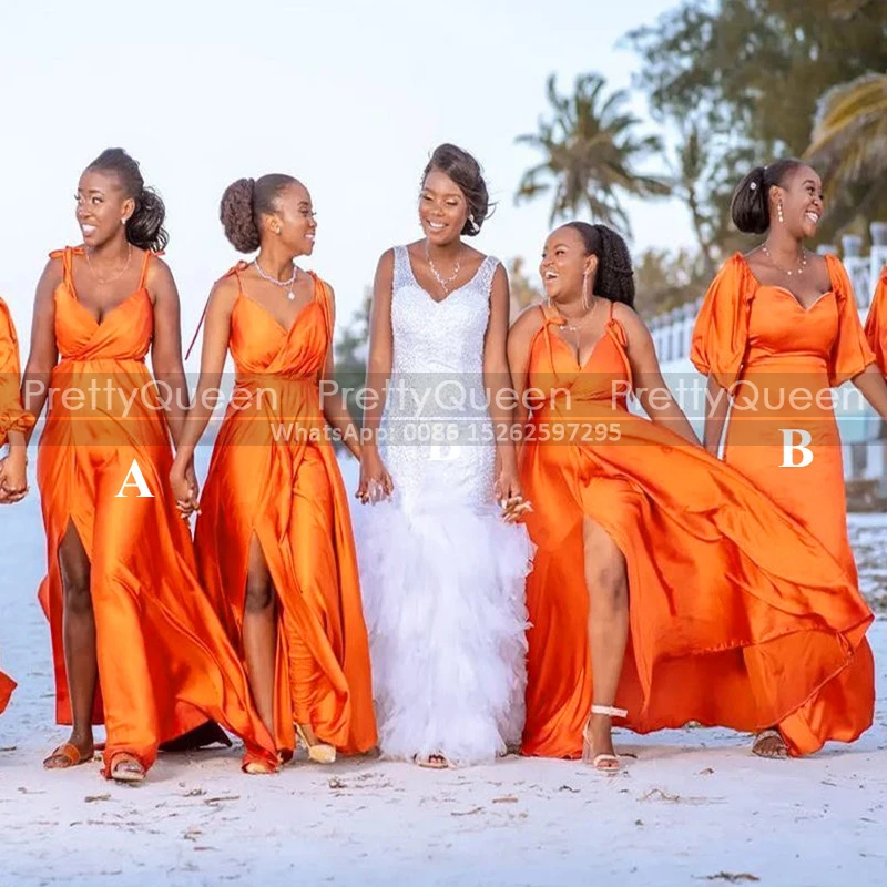 

Summer Beach Side Split Bridesmaid Dresses Long Spaghetti Straps Floor Length Sleeveless Bridal Party Dress Maid Of Honor