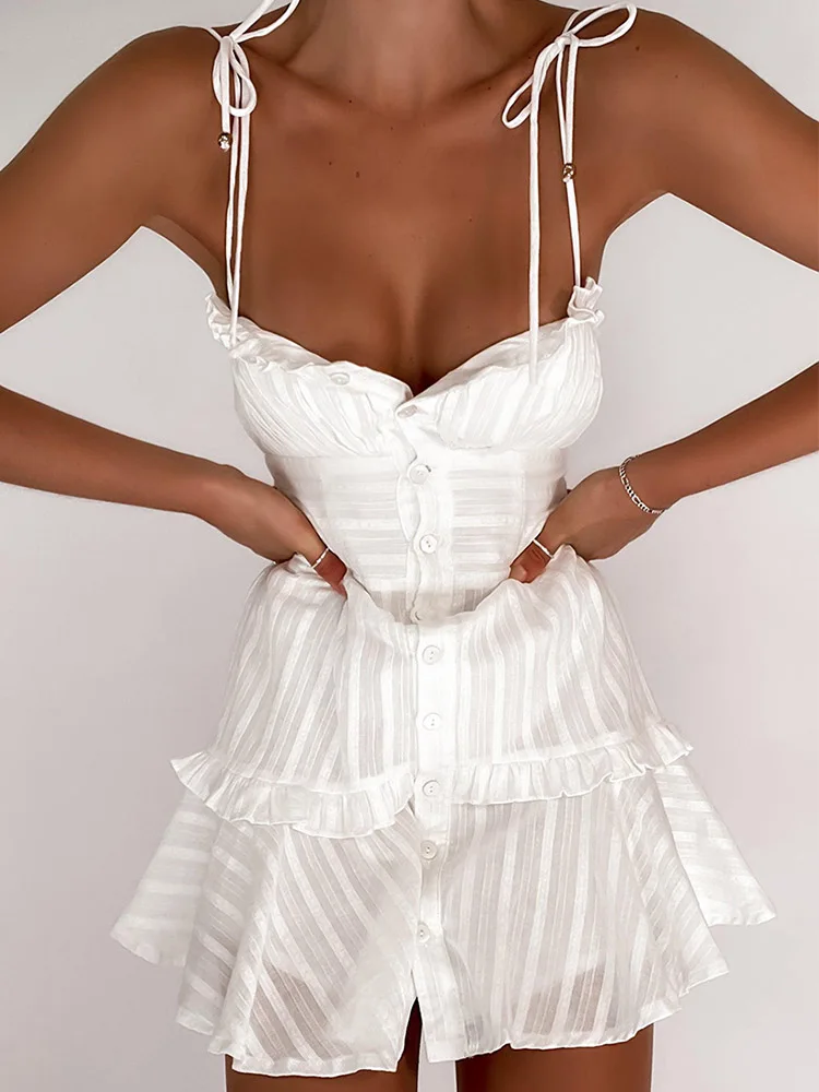 

LZEQuella Summer Sexy Spaghetti Strap Mini Dress Cotton A Line High Waist Ruffles Lace Up Dresses Vacation Holiday Beach Vestido