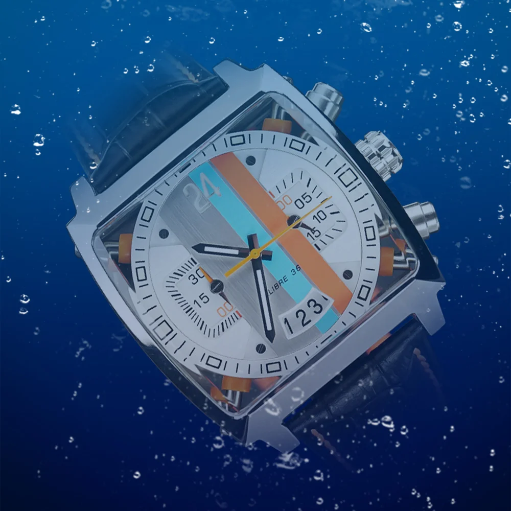 2022Fashion New Men's Color Bar Square Dial Sapphire Mirror Stainless Steel Leather Strap Sports Leisure Waterproof Quartz Watch