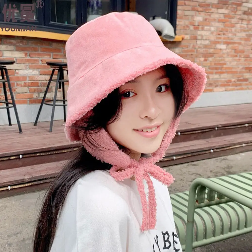 

Wool Unisex Bucket Hat Solid Color Couple Gift Korean Style Cap Fisherman Hat Lamb Fur Cap Autumn Winter Panama Hat