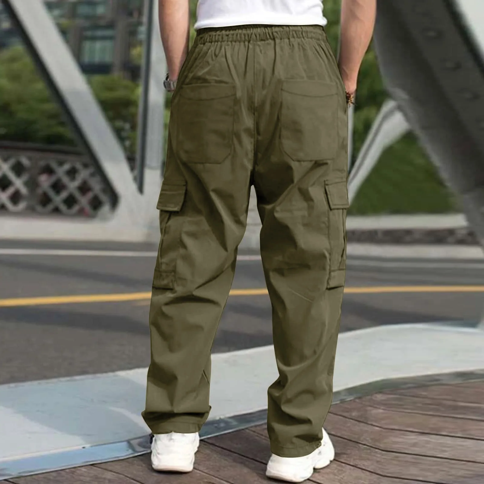 Men Summer Cargo Pants Elastic Waist Zip Pocket