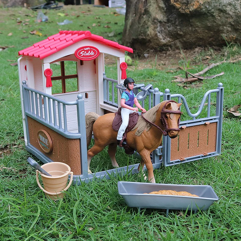 Oenux Farm Wash Horses Stable Club Animals Playset Cafe House Model Horseman Saddle Rider Fence Action Figures Xmas Gift Kid Toy