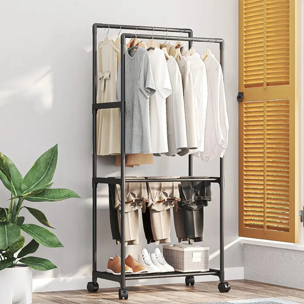 Double Pole Coat Rack Clothing Rack Stand Shoe And Hat Integrated Shelf clothes rack shoe and hat racks