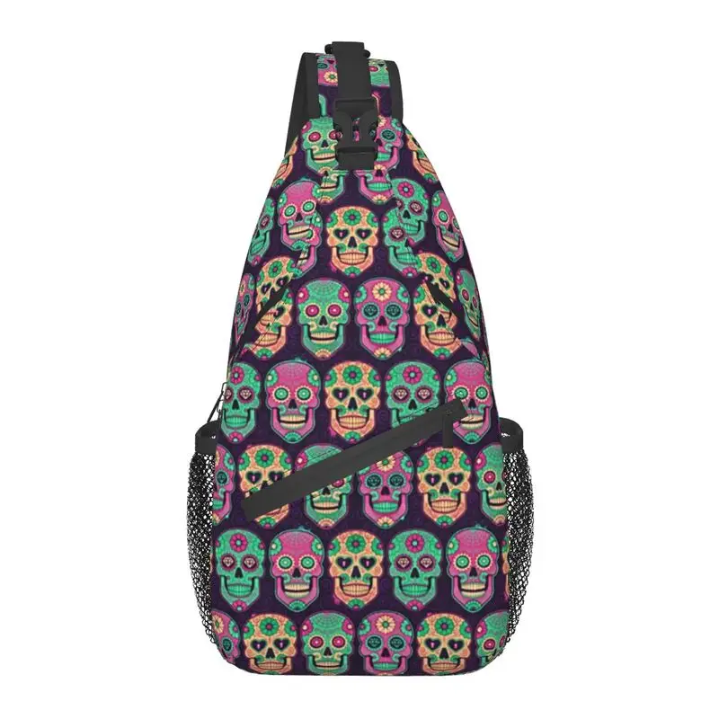 

Cool Mexican Sugar Skulls Pattern Sling Bags for Travel Hiking Men's Day Of The Dead Crossbody Chest Backpack Shoulder Daypack