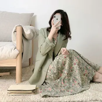 여성 블레이저 투피스 수트, 브라운, 니치 디자인, 플로럴 멜빵 드레스, 오피스 비즈니스, 봄 2022