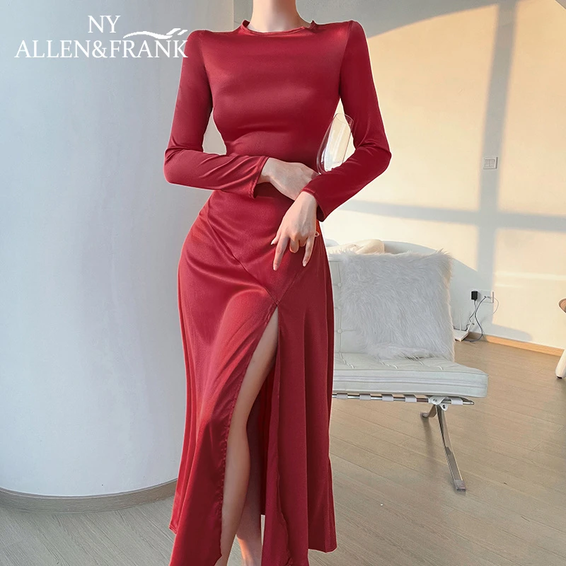 Rojo ajustado de manga larga para mujer, Vestido largo de calle a la moda, 2022| - AliExpress