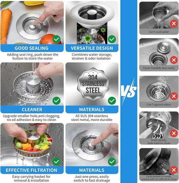 Kitchen Sink Drain Strainer Stainless Steel Pop Up Sink Stopper Anti-Clogging Sink Food Catcher Basket Odor Filter Sink Plug 3