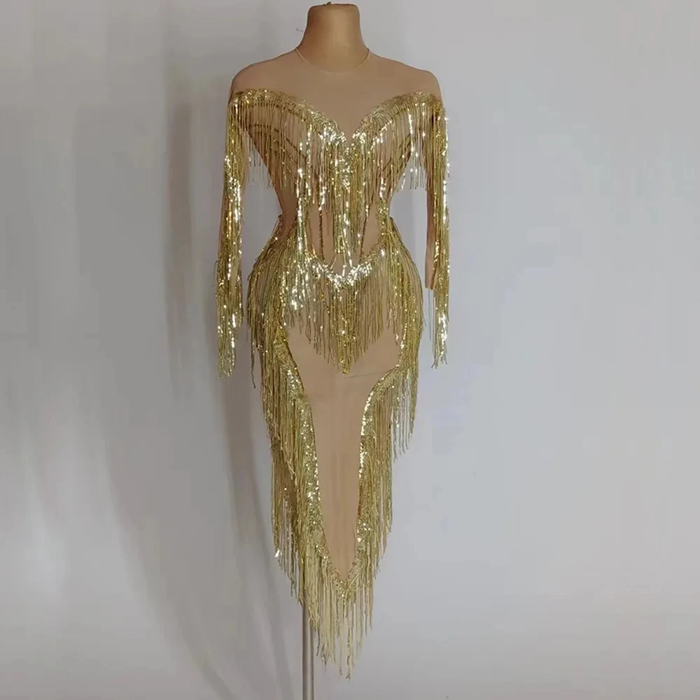 

Женское блестящее платье с кисточками, золотистое вечернее платье без бретелек для выступлений и сцены, лето 2024