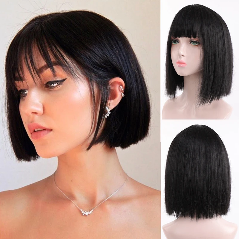 

TALANG Synthetic Short Bob Straight Wigs With Bangs for Women Black Pink Wig for Party Daily Use Shoulder Length Cosplay Lolita