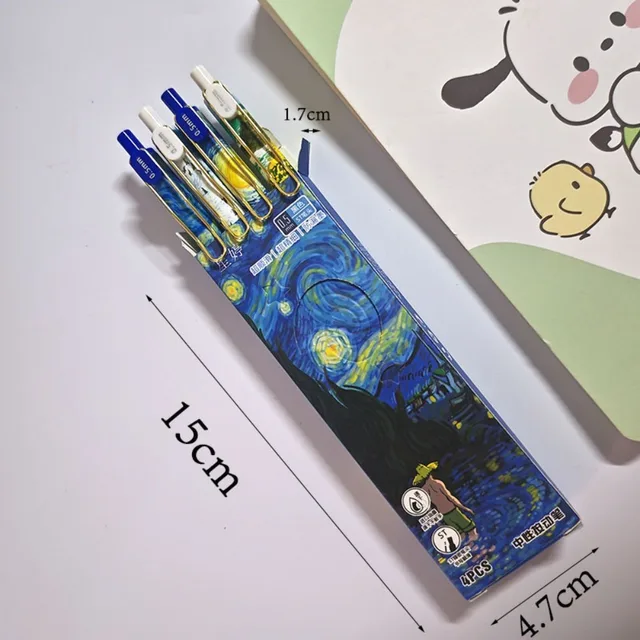 4Pcs/Box Trendy Van Gogh Oil Painting Press Gel Pen Black Ink ST 0.5mm Ballpoint Pens Stationery Quick-Drying Pens Student 6