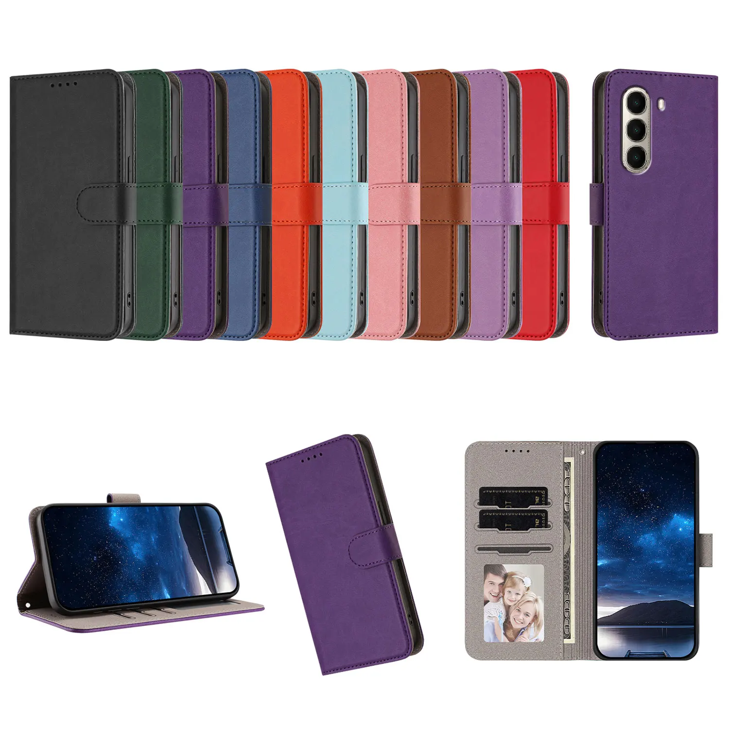 Solid Color Luxury Leather Flip Phone Case with Magnetic Wallet Cover