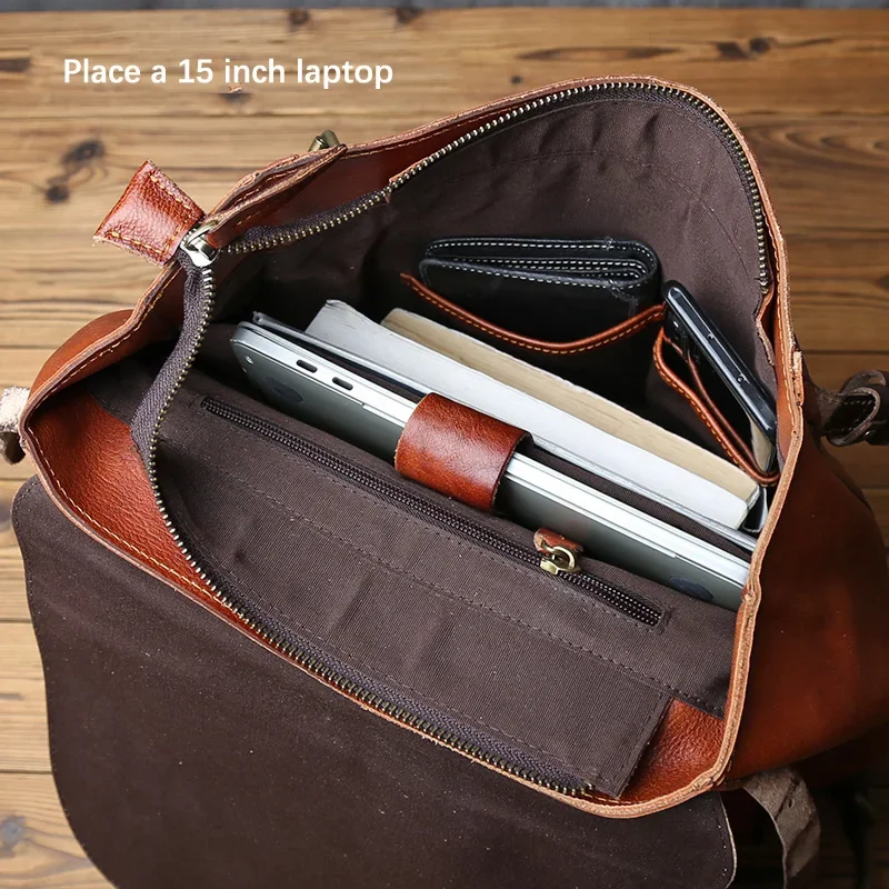 NZPJ Retro Genuine Leather Men  Backpack Vegetable Tanned Top Layer Cowhide Backpack Fashionable computer bag for 15 inch laptop