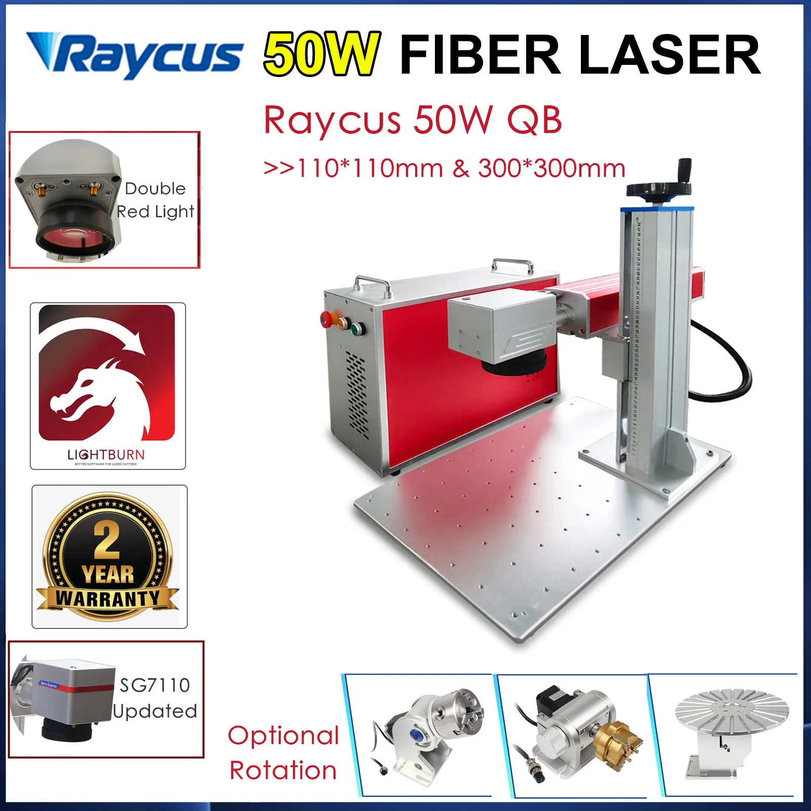 

Raycus 50W 30W 20W Fiber Laser Metal Marking Engraving Machine Jewelry Silver Engraver Rotary Axis SG7110 Lens, Dual Red Light