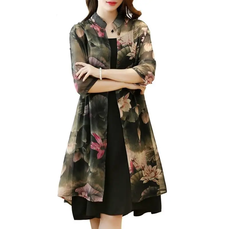 Summer New Fashion Dress Suit Women Solid Color Slip Dress and Floral Printing Casual Half Sleeve Button All-match Elegant Coat зтто 1pair велосипед горный велосипед легкий йога обучение non slip half finger перчатка