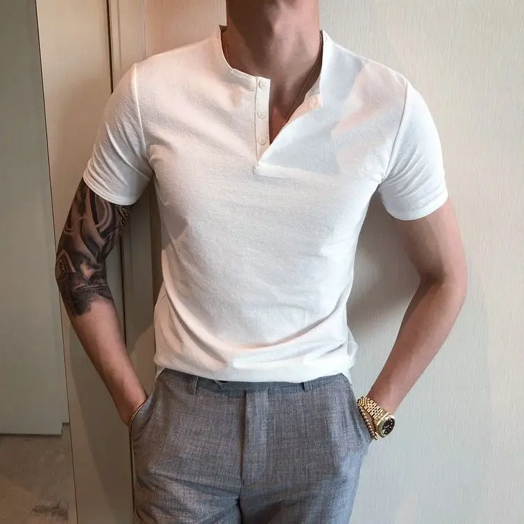 thumbnail image 1 of Camiseta lisa con cuello en V para hombre, camiseta de algodón y lino de verano, ropa holgada para hombre, camisetas de calle para fiesta, estilo Kpop, informal, estética, elegante, tallas grandes, 1 of 5
