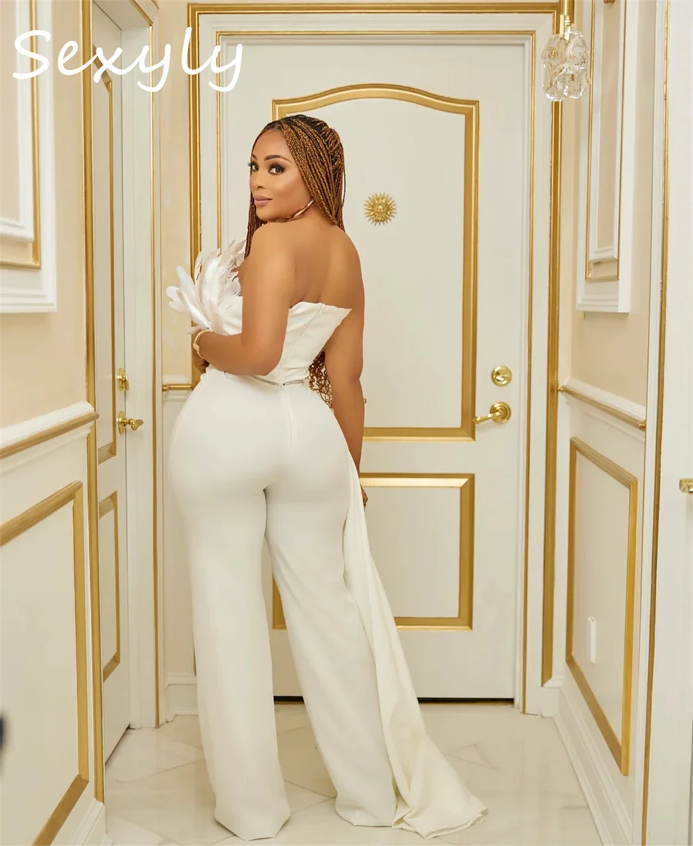 Black Girl Jumpsuit Prom Dress With Ostrich Feather Satin Plus Size  Aso Ebi Evening Gown With Pant Strapless Graduation Party