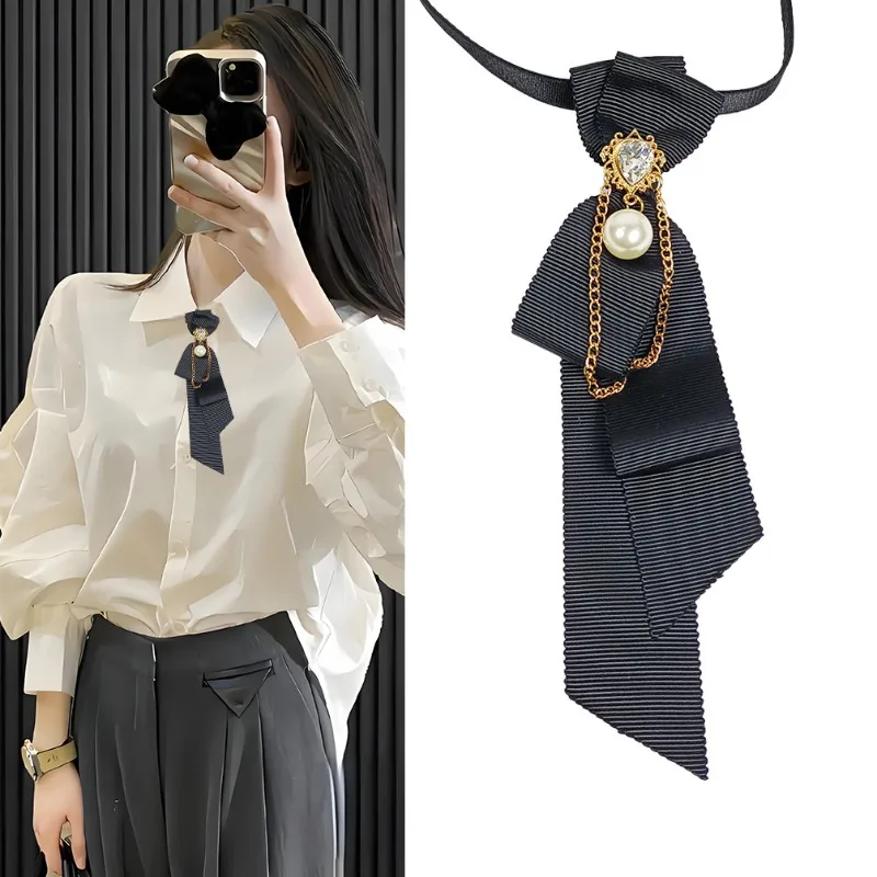 High-end Black Fabric Bow Tie Rhinestone Tassel Necktie Business ...