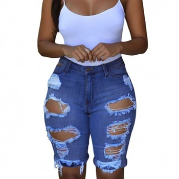 Summer Women High Waist Ripped Knee Length Shorts Jeans Lady Sexy Nightclub Stripper Denim Pants Female Cut Out Streetwear Jeans 1