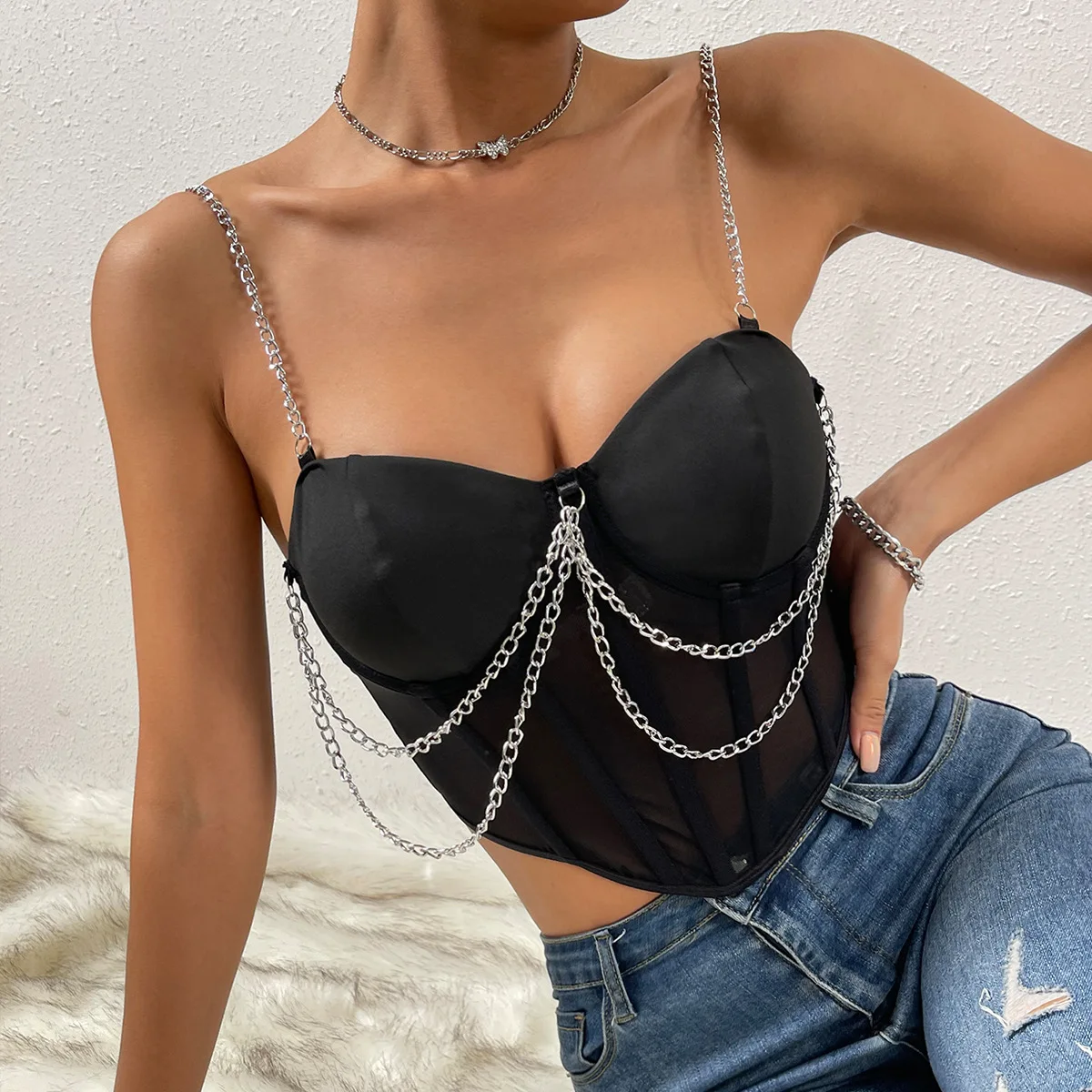

Embroidered Floral Bustier Corset Tops for Women Sexy Going Out Party Club Fishbone Top with Buckle Backless Slim-Fit Camis Vest