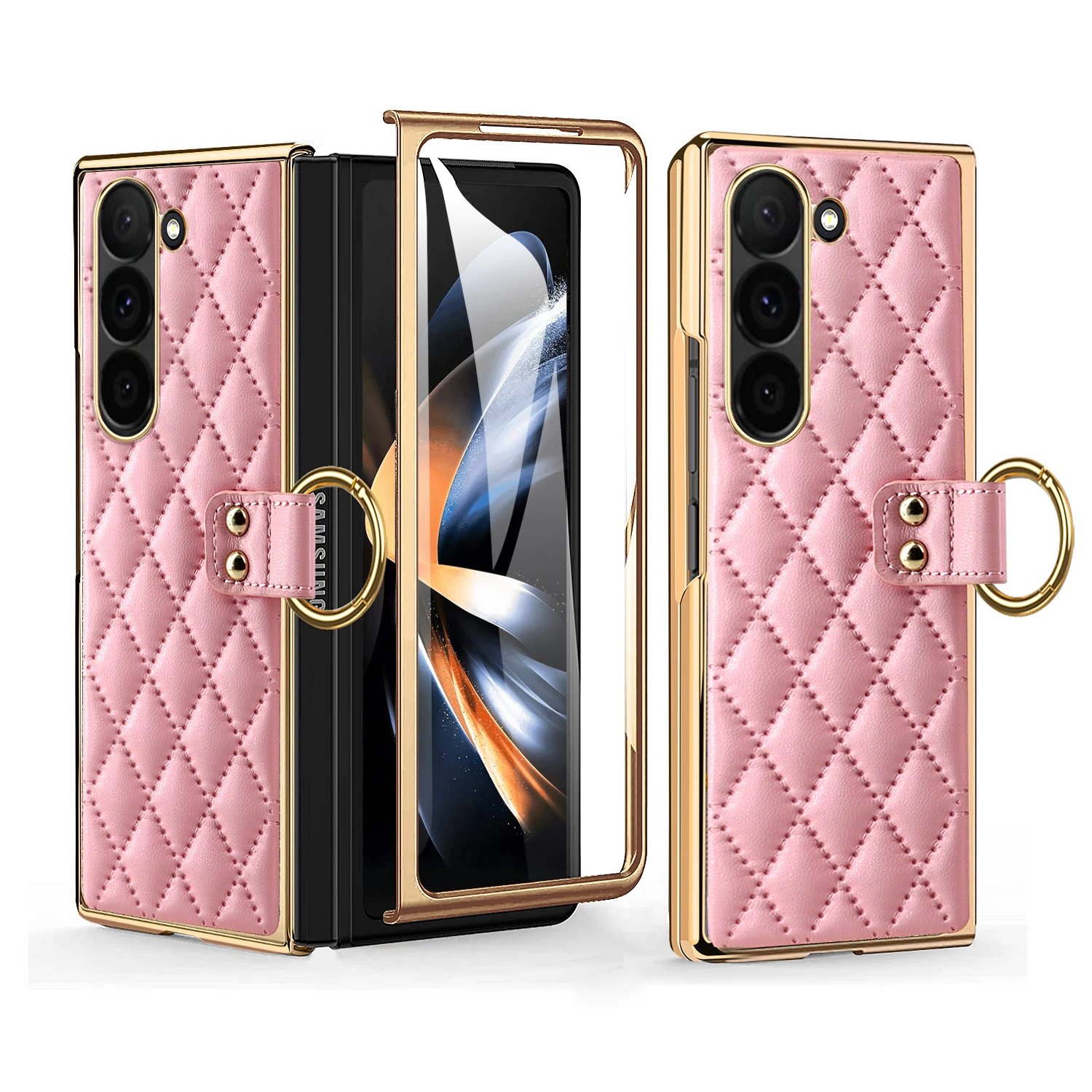 Elegant PU Leather Phone Case with Tempered Glass and Finger Ring - Premium Design
