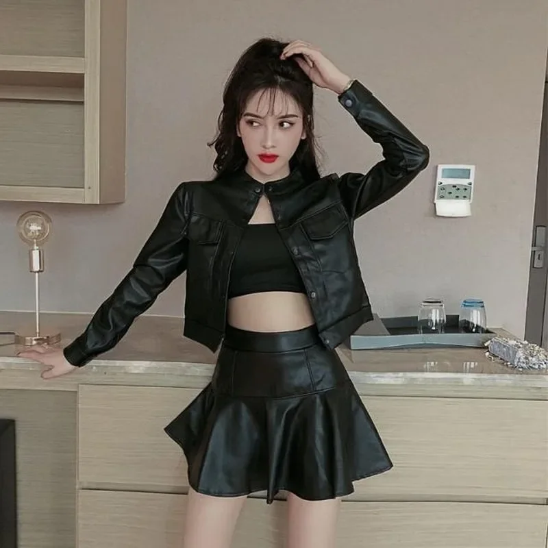 2024 Spring Autumn New Women's Pink 2 Piece Set Faux PU Leather Jacket Solid Slim Motorcycle Coat + Streetwear Mini Skirt Y233