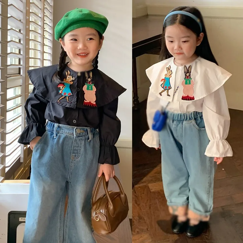 3-8T Puff Sleeves Baby Girl Shirt Long Sleeve Cartoon Embroidery Shirt Big Lapel Cute Blouse Autumn Spring Korean Casual Tops